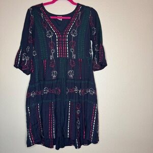 Anthropologie Akemi Kin Navy Blue Embroidered Tiered V Neck Flounce Sleeve Dress